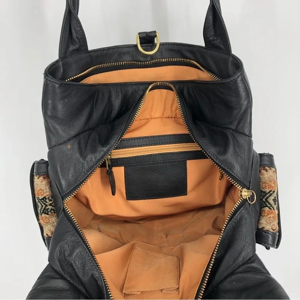 John Cole Satchel Bag‎ Leather Woven Tapestry Bag Black Zip Snaps Boho Chic